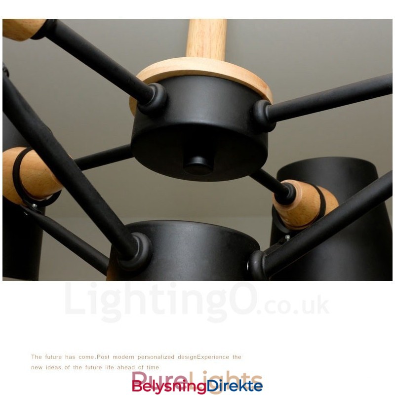 6 Lys Moderne Og Nordisk Pendellampe I Tre Med Jernskjerm