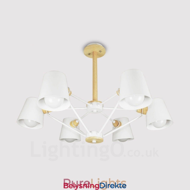 6 Lys Moderne Og Nordisk Pendellampe I Tre Med Jernskjerm