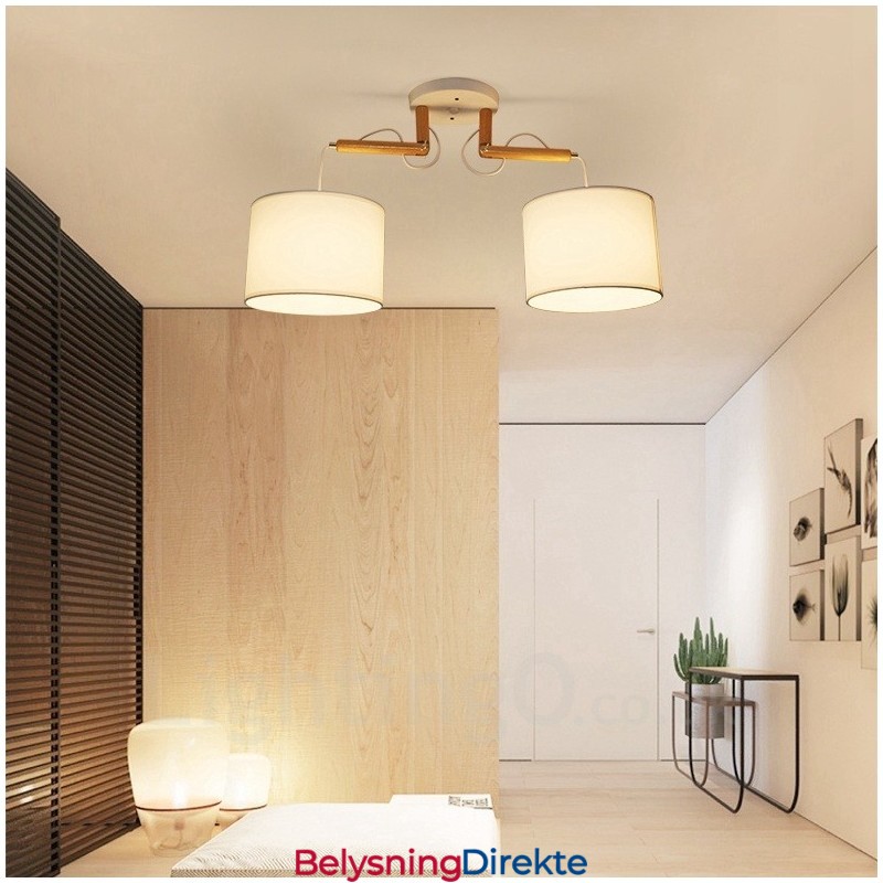 Moderne Og Moderne Pendellampe I Tre Med 2 Lys Og Stoffskjerm