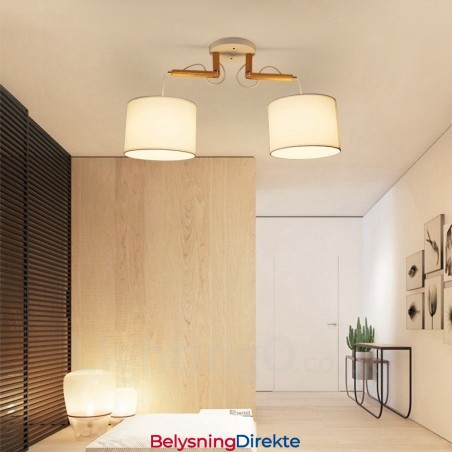 Moderne Og Moderne Pendellampe I Tre Med 2 Lys Og Stoffskjerm