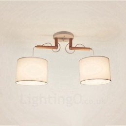 Moderne Og Moderne Pendellampe I Tre Med 2 Lys Og Stoffskjerm