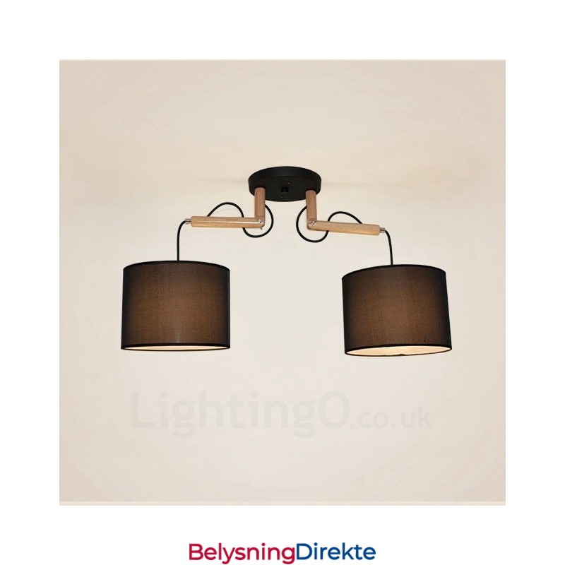 Moderne Og Moderne Pendellampe I Tre Med 2 Lys Og Stoffskjerm