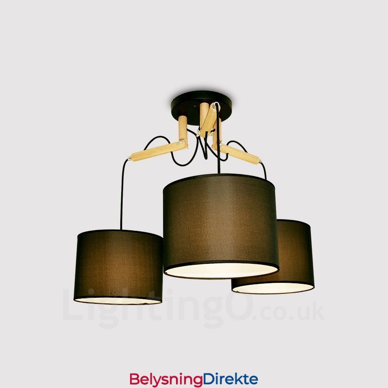 Moderne Og Moderne Pendellampe I Tre Med 3 Lys Og Stoffskjerm