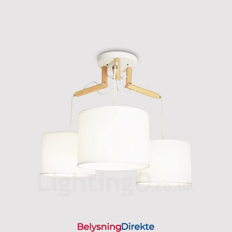 Moderne Og Moderne Pendellampe I Tre Med 3 Lys Og Stoffskjerm