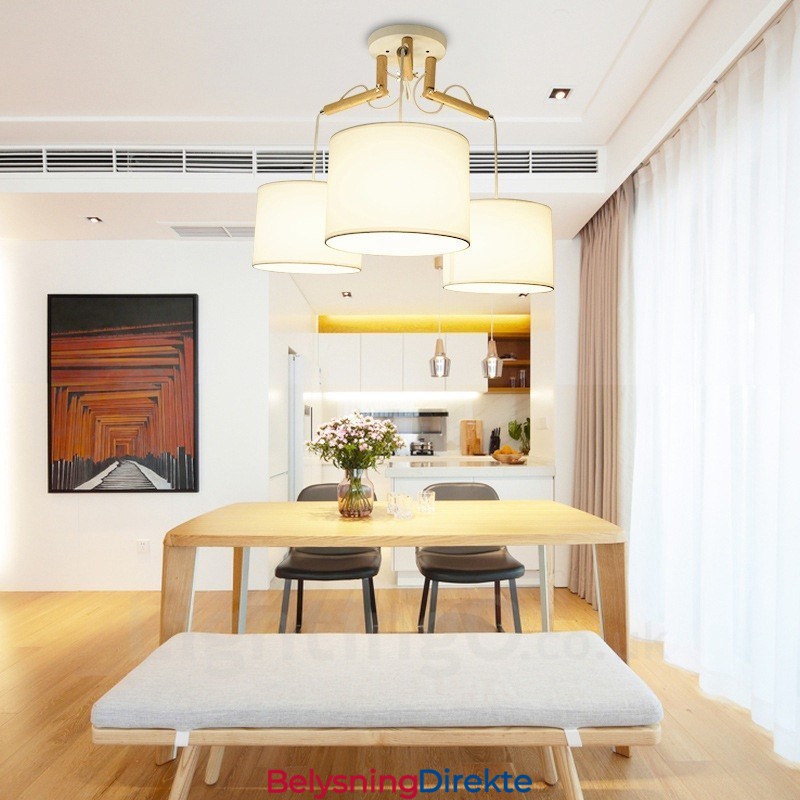 Moderne Og Moderne Pendellampe I Tre Med 3 Lys Og Stoffskjerm