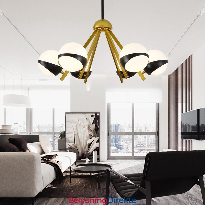 6-Lys Moderne, Samtidskunstnerisk Nordisk Stil Taklysekrone Med Svart Og Hvit Kuleglasskjerm