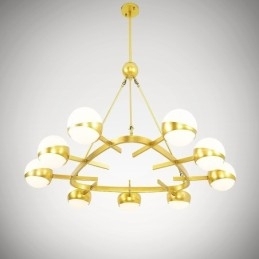 9-Lys Moderne, Samtidskunstnerisk Taklampe I Kobberbelagt Lysekrone Med Gull- Og Hvitt Kuleglassskjerm