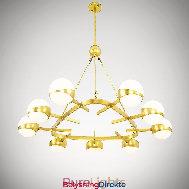 9-Lys Moderne, Samtidskunstnerisk Taklampe I Kobberbelagt Lysekrone Med Gull- Og Hvitt Kuleglassskjerm