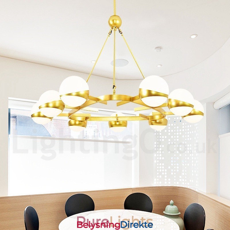 9-Lys Moderne, Samtidskunstnerisk Taklampe I Kobberbelagt Lysekrone Med Gull- Og Hvitt Kuleglassskjerm