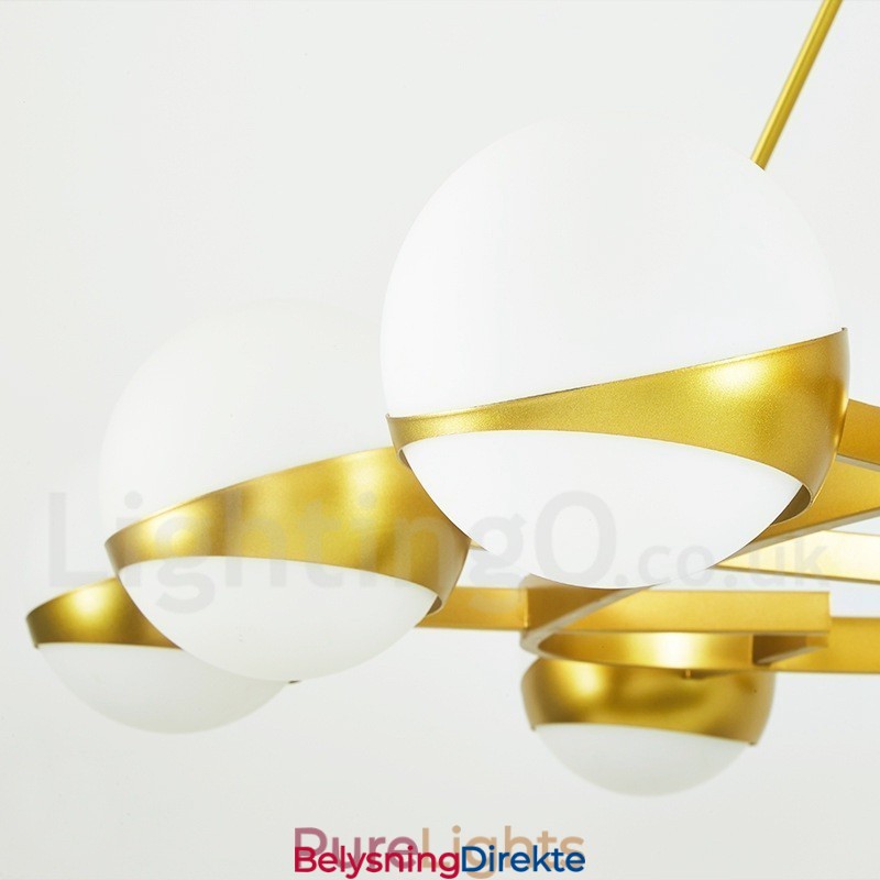 9-Lys Moderne, Samtidskunstnerisk Taklampe I Kobberbelagt Lysekrone Med Gull- Og Hvitt Kuleglassskjerm