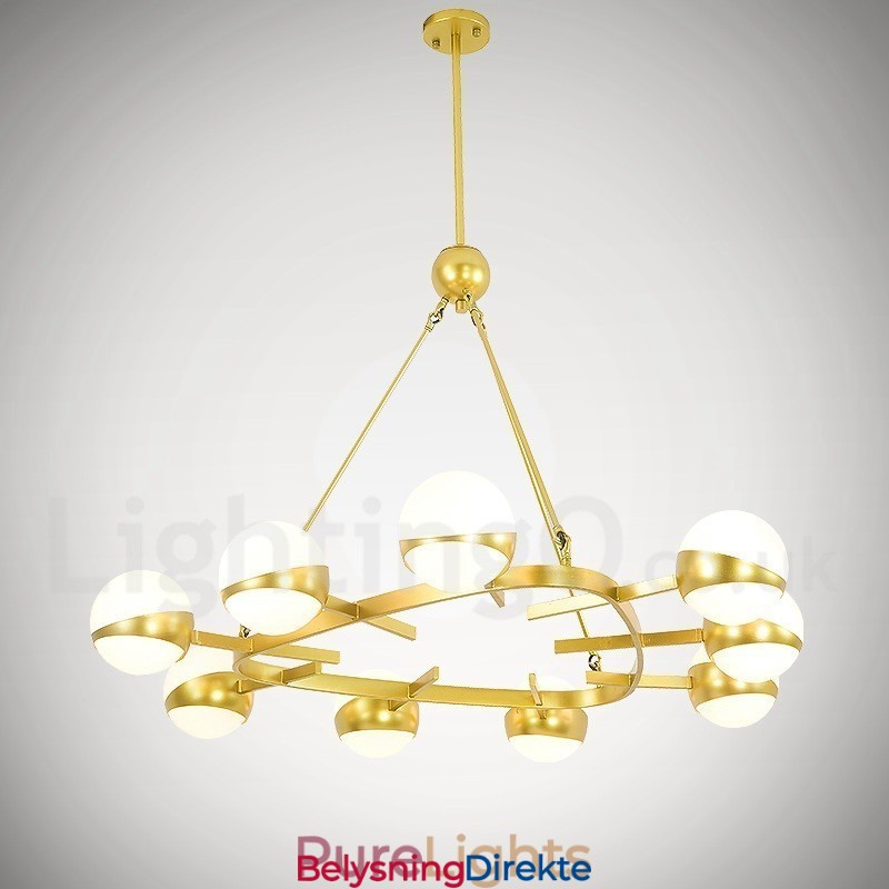 9-Lys Moderne, Samtidskunstnerisk Taklampe I Kobberbelagt Lysekrone Med Gull- Og Hvitt Kuleglassskjerm