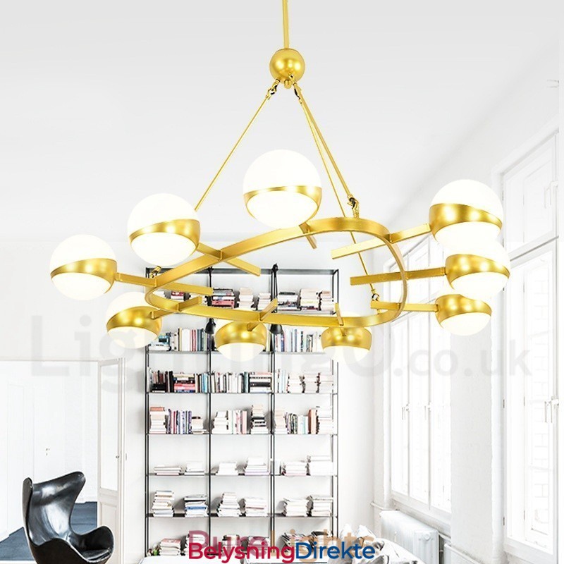 9-Lys Moderne, Samtidskunstnerisk Taklampe I Kobberbelagt Lysekrone Med Gull- Og Hvitt Kuleglassskjerm