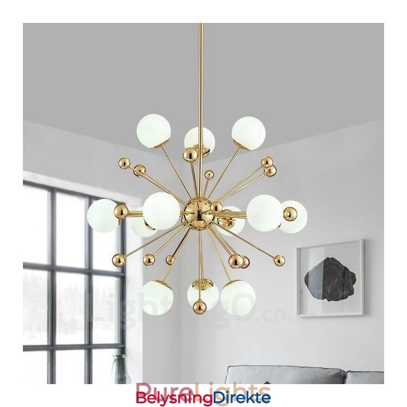 12-Lys Moderne Samtidskunst Taklamper Kobberbelagt Lysekrone Med Hvit Kuleformet Glassskjerm
