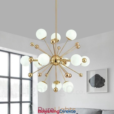 12-Lys Moderne Samtidskunst Taklamper Kobberbelagt Lysekrone Med Hvit Kuleformet Glassskjerm