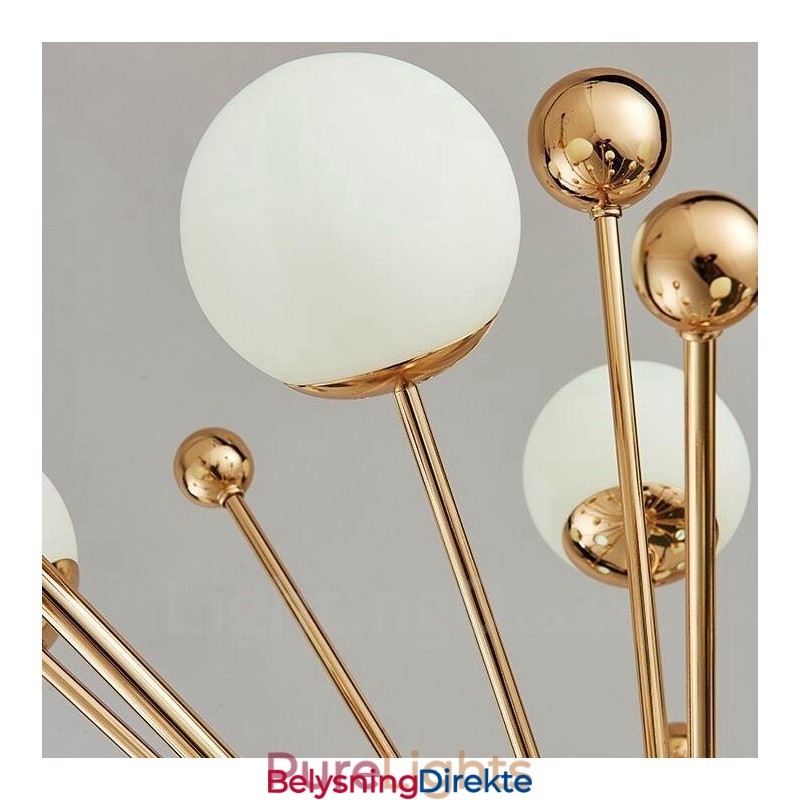 12-Lys Moderne Samtidskunst Taklamper Kobberbelagt Lysekrone Med Hvit Kuleformet Glassskjerm