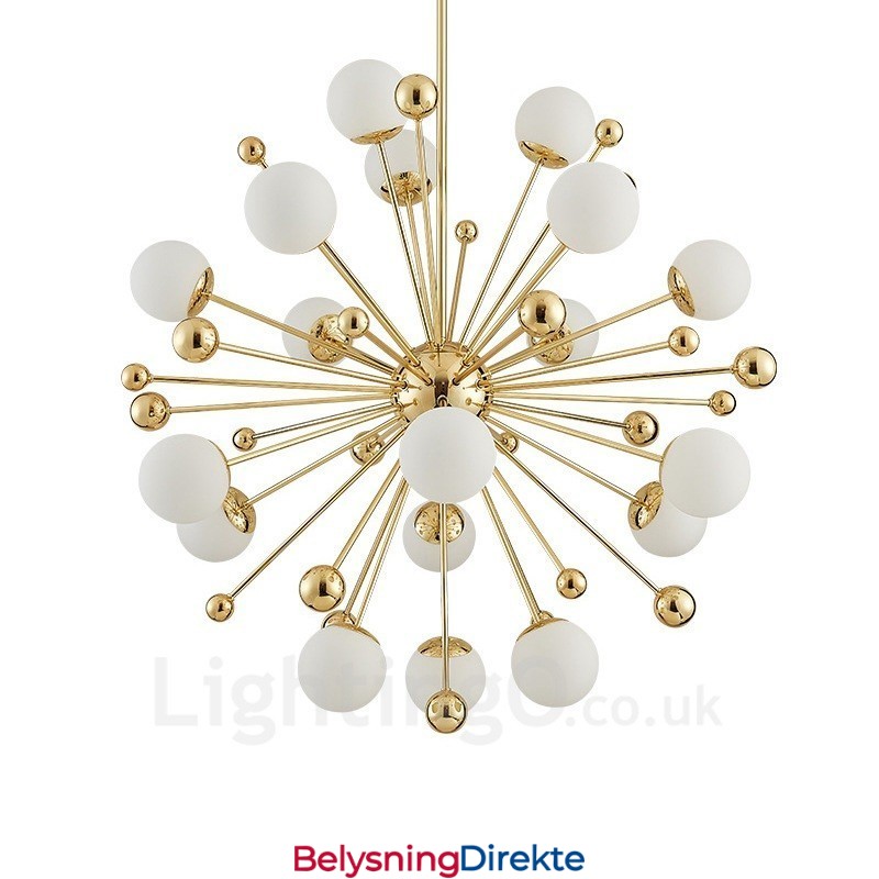 18-Lys Moderne Samtidskunst Taklamper Kobberbelagt Lysekrone Med Hvit Kuleformet Glassskjerm