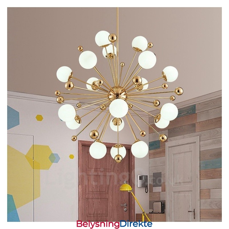 18-Lys Moderne Samtidskunst Taklamper Kobberbelagt Lysekrone Med Hvit Kuleformet Glassskjerm
