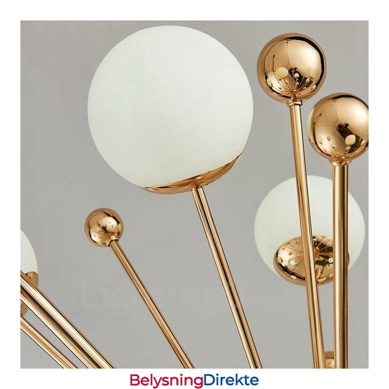 18-Lys Moderne Samtidskunst Taklamper Kobberbelagt Lysekrone Med Hvit Kuleformet Glassskjerm