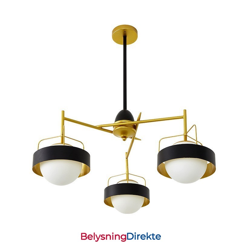 3-Lys Moderne Samtidskunst Taklamper Kobberbelagt Lysekrone Med Hvit Og Svart Kuleformet Glassskjerm