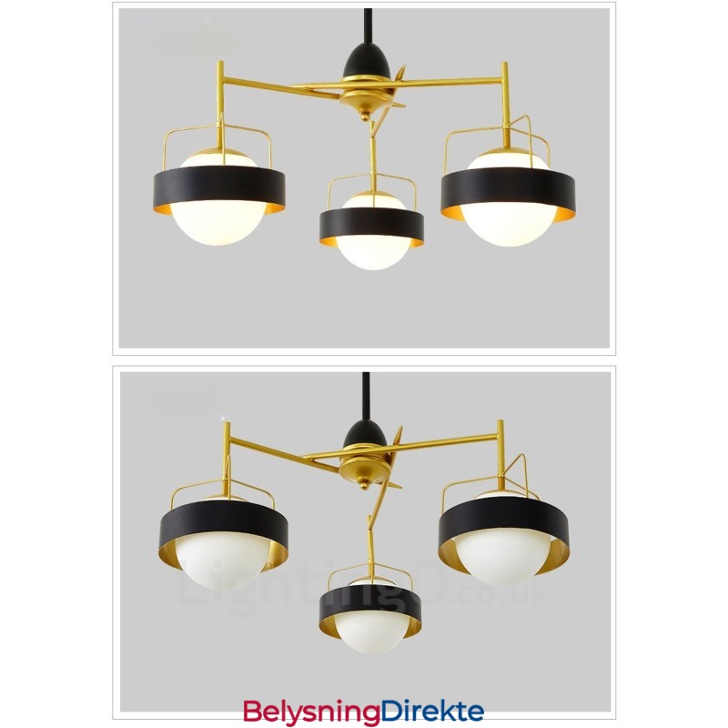 3-Lys Moderne Samtidskunst Taklamper Kobberbelagt Lysekrone Med Hvit Og Svart Kuleformet Glassskjerm