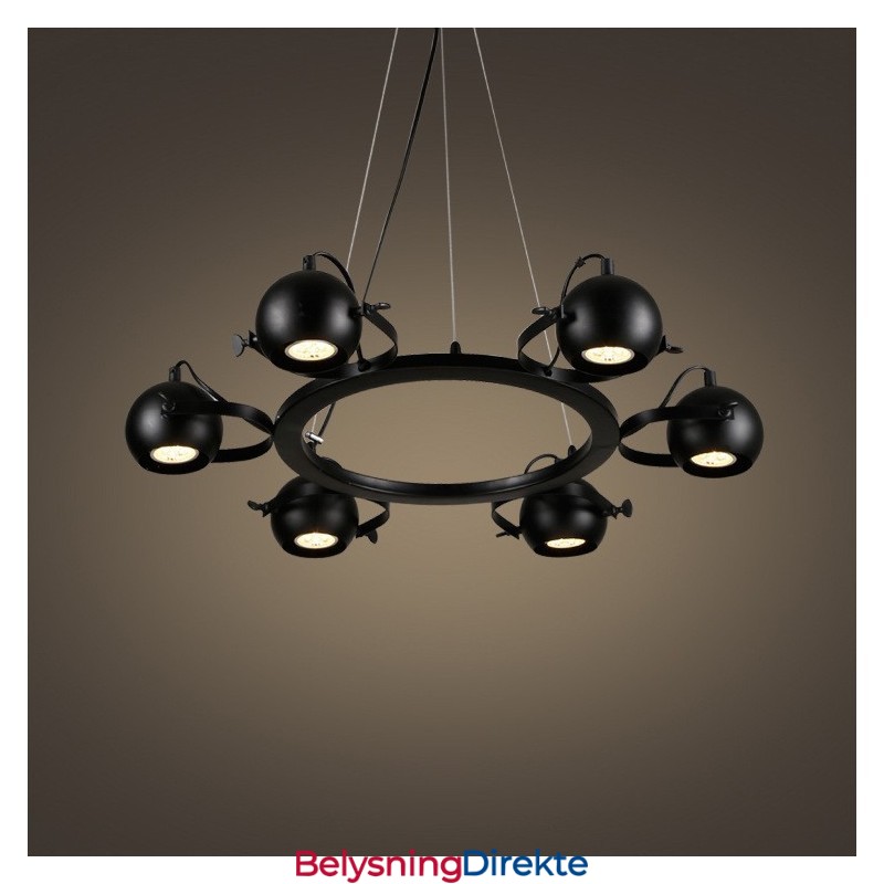 Retro Vintage Pendellampe I Svart Jern Med 6 Lys Og Kuleskjermer I Svart Jern