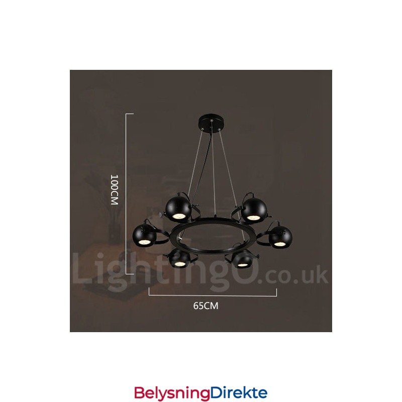 Retro Vintage Pendellampe I Svart Jern Med 6 Lys Og Kuleskjermer I Svart Jern