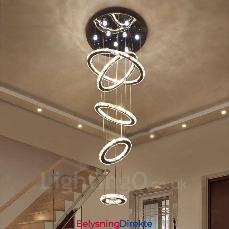 Dimmbar Wi-Fi Smart Tre Lyskildefarger 5 Ringer Moderne Krystall Takpendellampe Innendørs Lysekrone