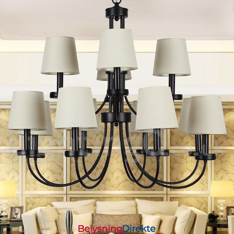 12-Lys Retro Moderne Lysekrone I Svart, To Etasjer