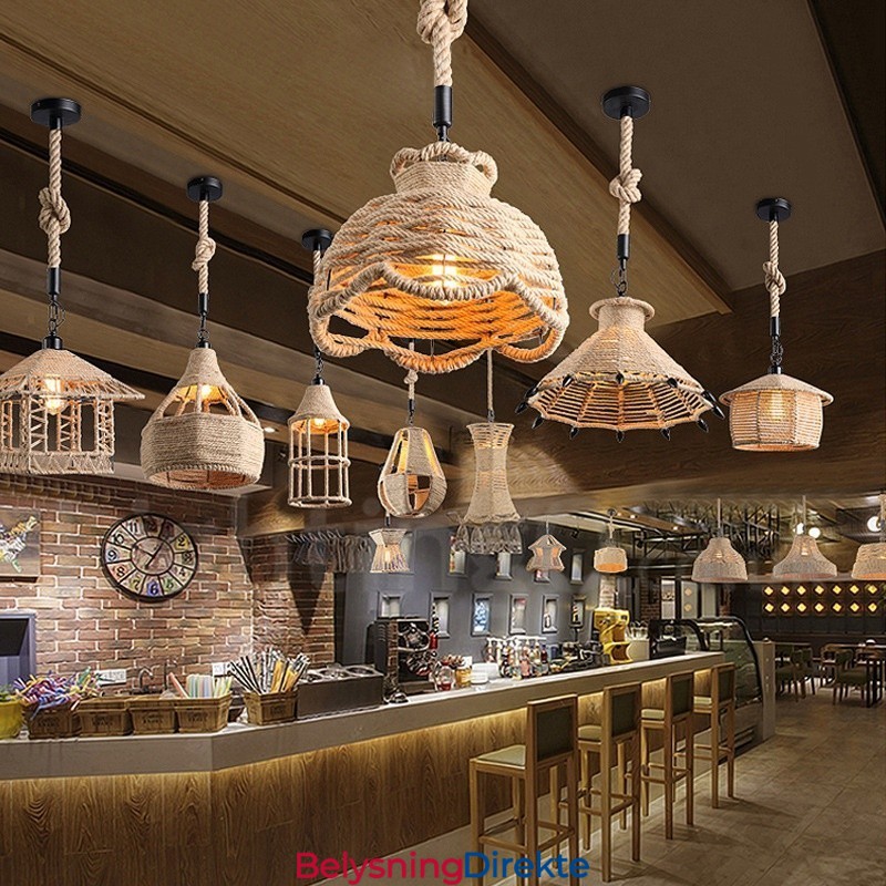 Rustikk Pendellampe I Kaféstil Med Hamptau, 1 Lys