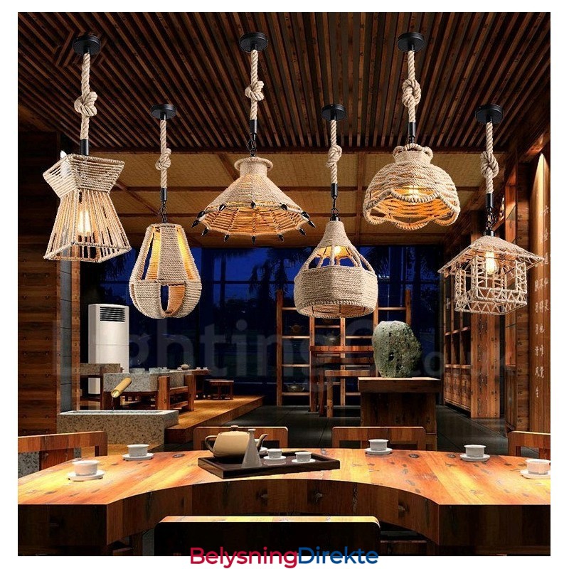 Rustikk Pendellampe I Kaféstil Med Hamptau, 1 Lys