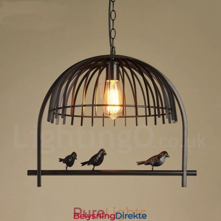 Rustikk Retro Fuglebur-Pendellampe Med Stålskjerm, 1 Lys