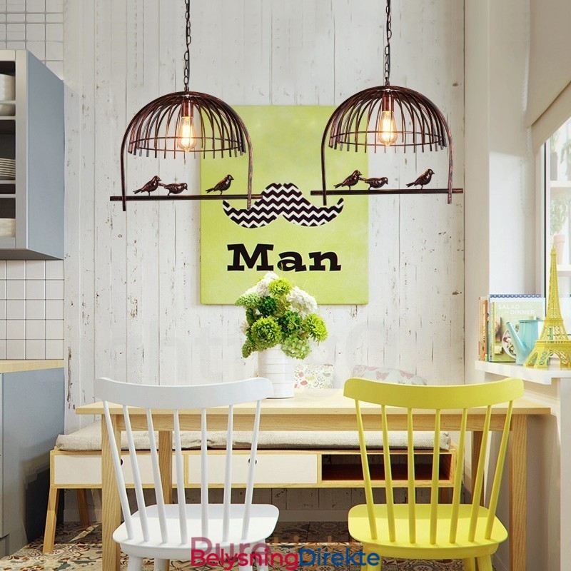 Rustikk Retro Fuglebur-Pendellampe Med Stålskjerm, 1 Lys