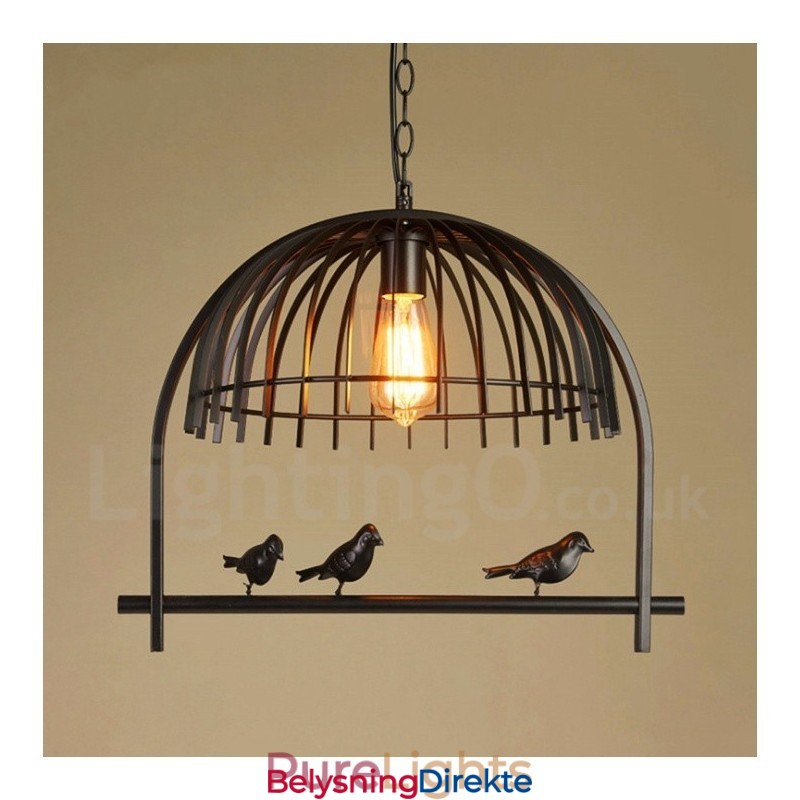 Rustikk Retro Fuglebur-Pendellampe Med Stålskjerm, 1 Lys