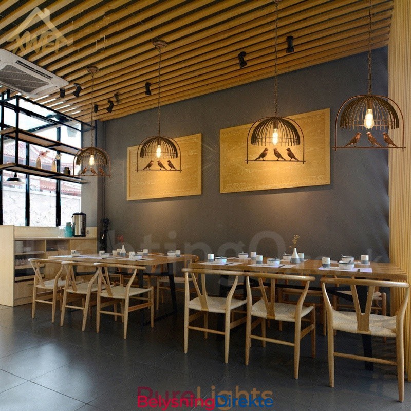 Rustikk Retro Fuglebur-Pendellampe Med Stålskjerm, 1 Lys