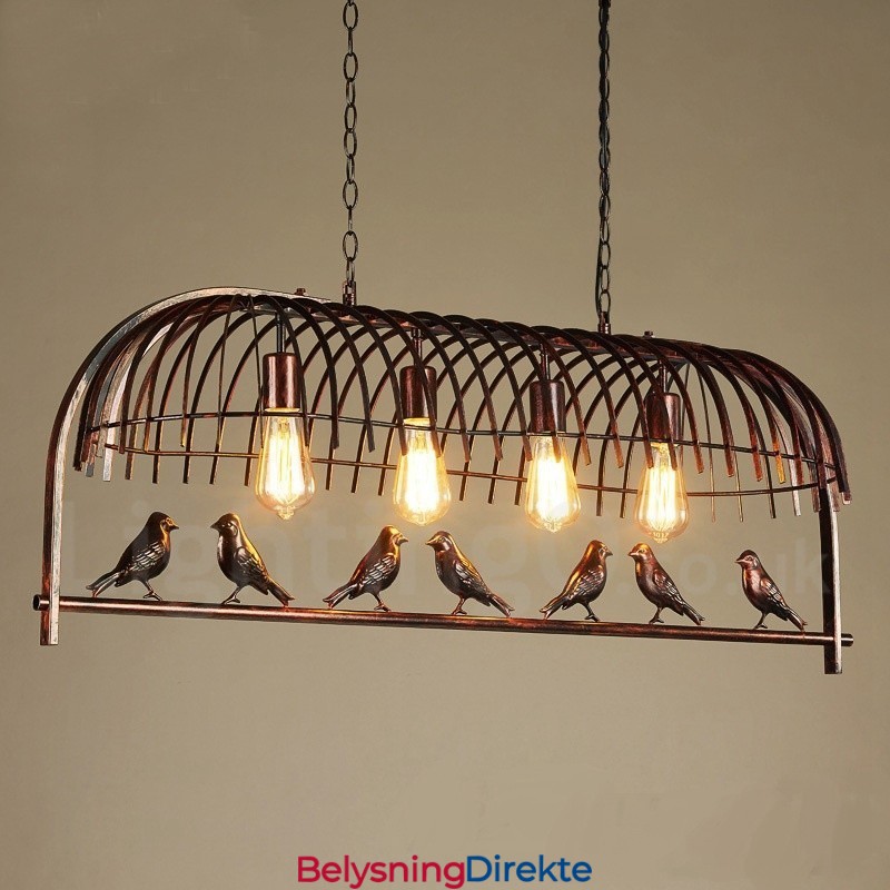 Rustikk Retro Fuglebur-Pendellampe Med 4 Lys Og Stålskjerm