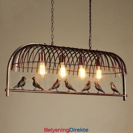 Rustikk Retro Fuglebur-Pendellampe Med 4 Lys Og Stålskjerm