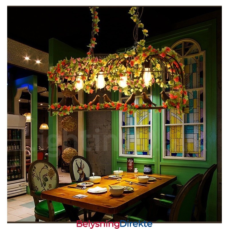 Rustikk Retro Fuglebur-Pendellampe Med 4 Lys Og Stålskjerm