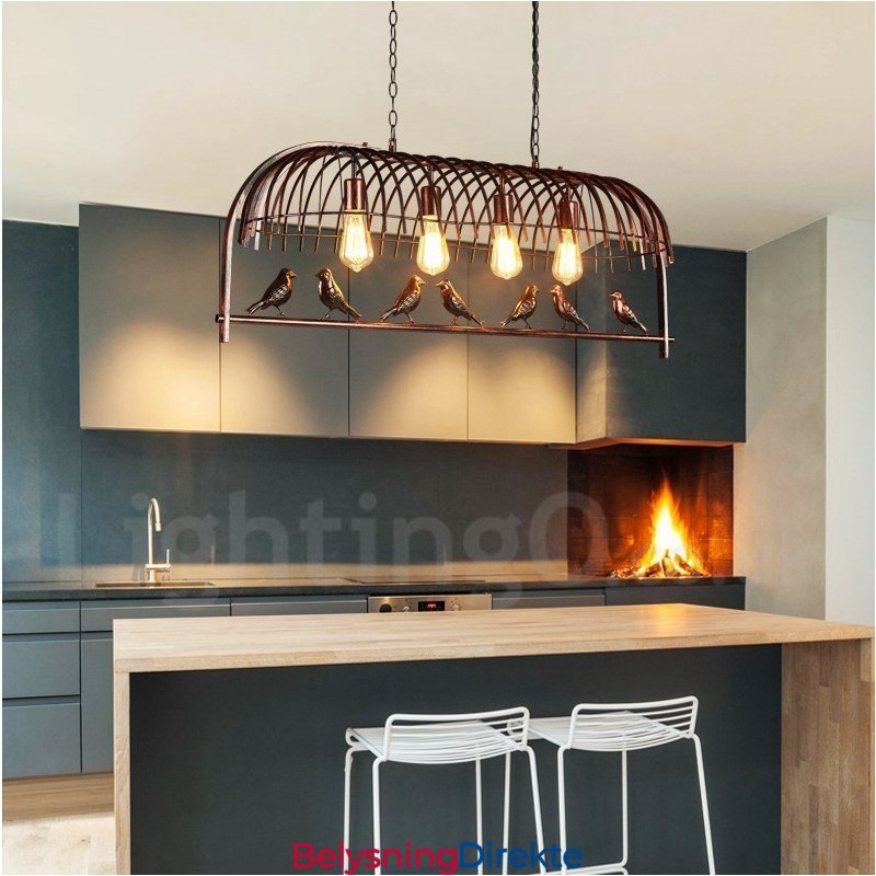 Rustikk Retro Fuglebur-Pendellampe Med 4 Lys Og Stålskjerm