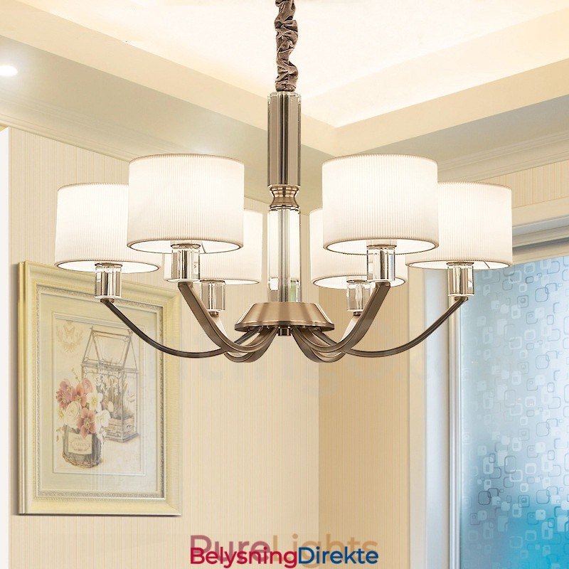 6 Lys Moderne Krystalllysekrone Med Stoffskjerm