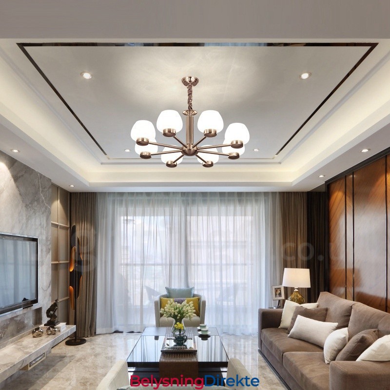 Moderne Lysekrone Med 8 Lys Og Glassskjerm