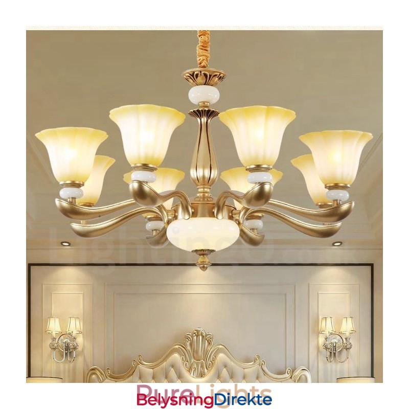 8-Lys Retro Tradisjonell Luksuriøs Lysekrone I Sinklegering Med Glassskjerm