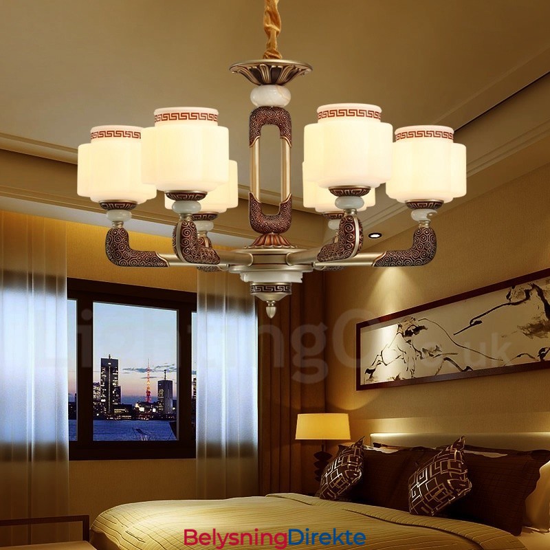 6 Lys Retro Tradisjonell Luksus Lobbylysekrone I Sinklegering Med Glassskjerm