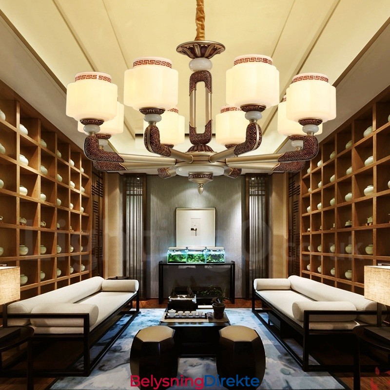 8 Lys Retro Tradisjonell Luksus Lobbylysekrone I Sinklegering Med Glassskjerm