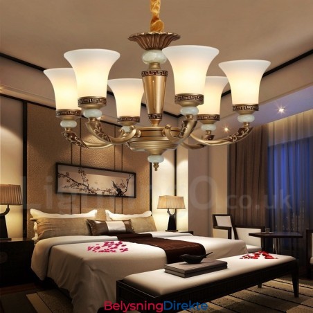 6 Lys Retro Tradisjonell Luksus Lobbylysekrone I Sinklegering Med Glassskjerm