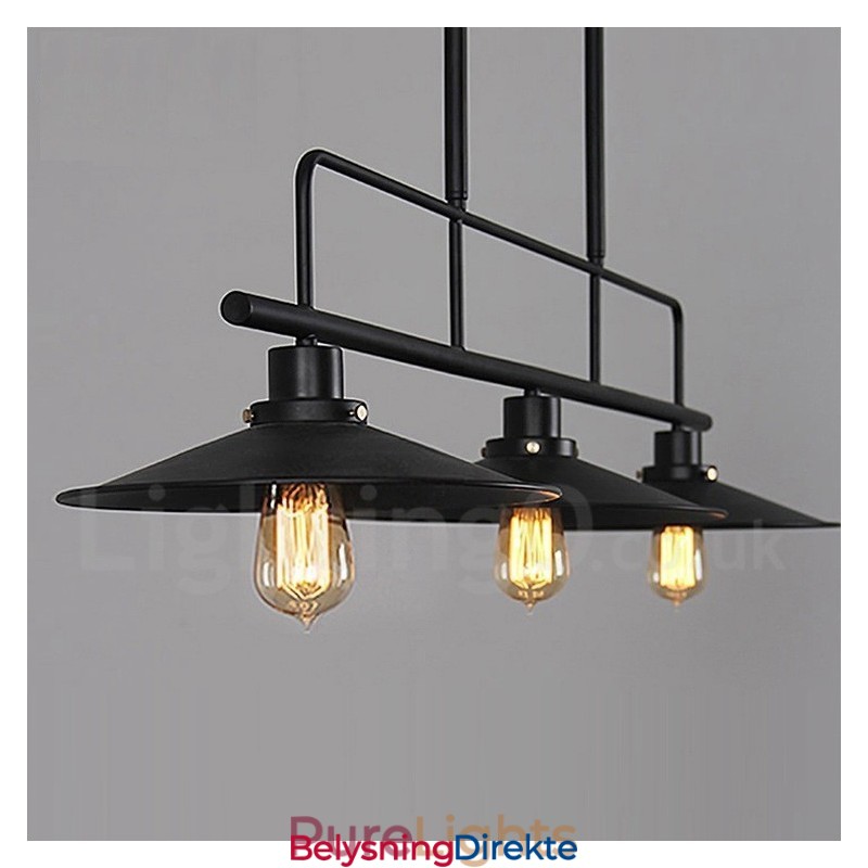 Retro Rustik Stålpendellampe Med 3 Lys Og Stålskjerm