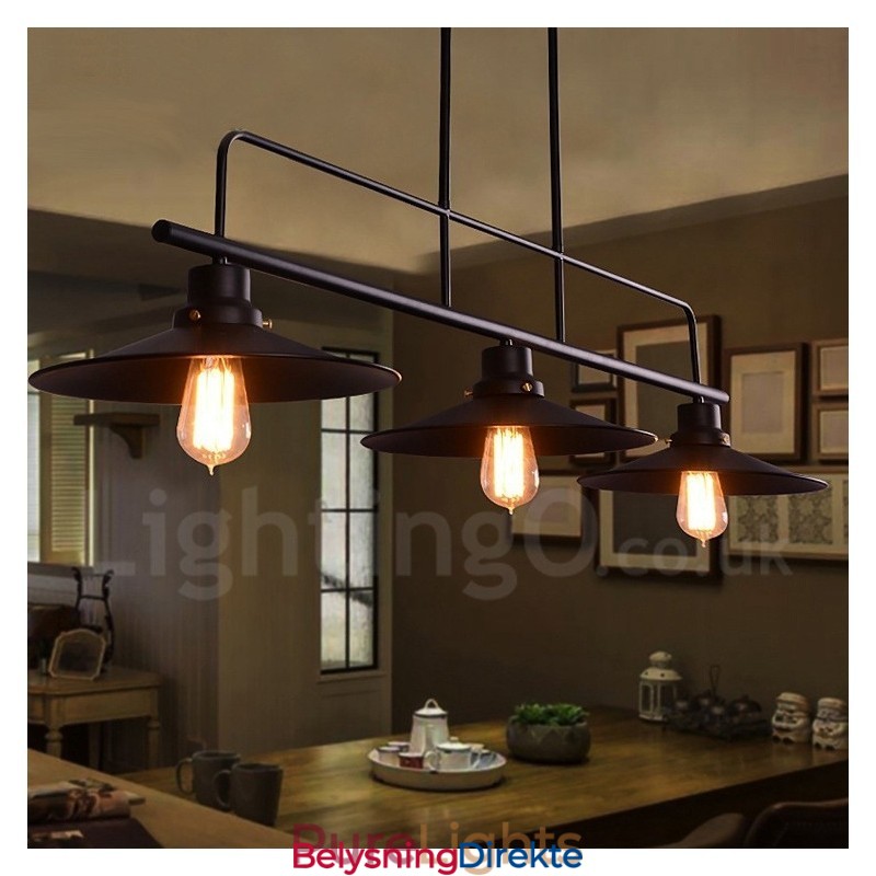 Retro Rustik Stålpendellampe Med 3 Lys Og Stålskjerm