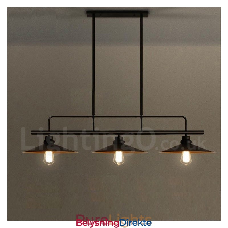 Retro Rustik Stålpendellampe Med 3 Lys Og Stålskjerm