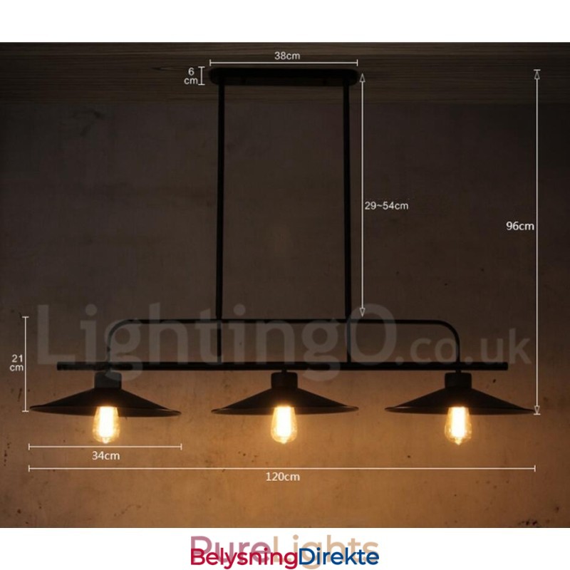 Retro Rustik Stålpendellampe Med 3 Lys Og Stålskjerm