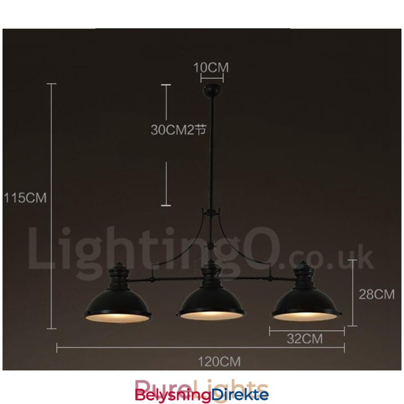 Retro Rustik Stålpendellampe Med 3 Lys Og Stålskjerm