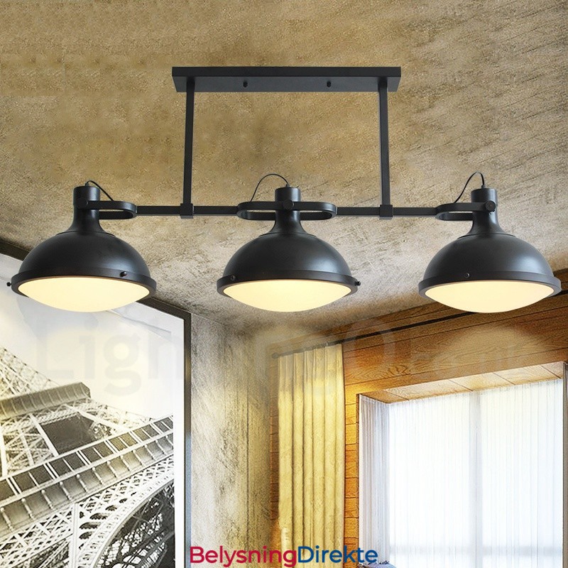 Retro Rustik Stål Pendellampe Med 3 Lys Og Glassskjerm